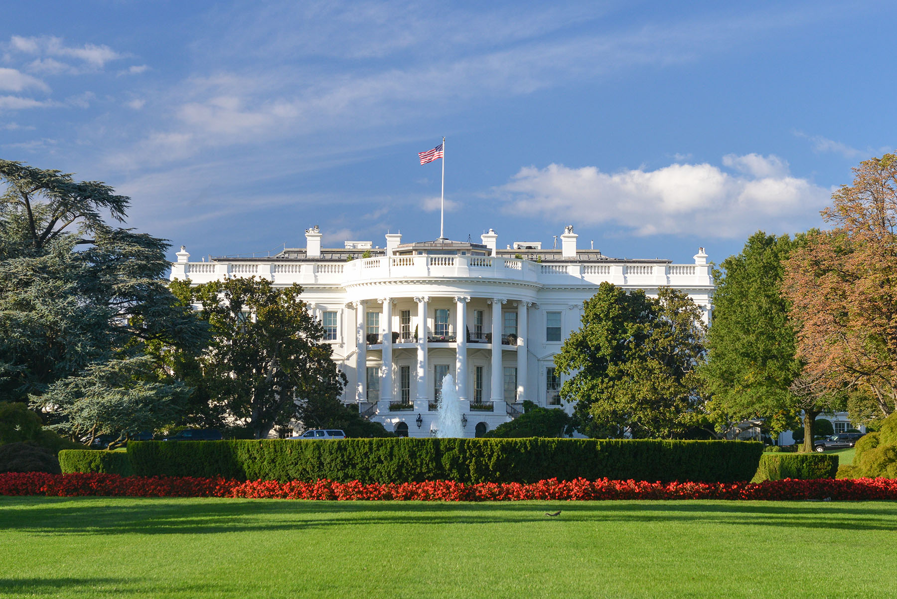 exterior of the White House under a blue sky