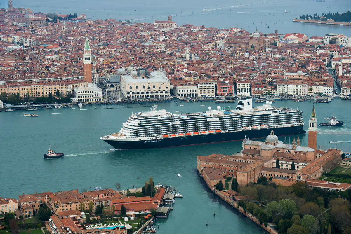 aerial view of holland america line cruise ship Koningsdam on the grand canal in venice source carnival corp