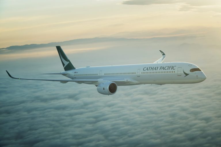 A Cathay Pacific Airbus A350 in flight.